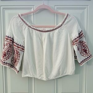 Mi Ami Off-Shoulder Crop Blouse with Paisley Embroidered Sleeves